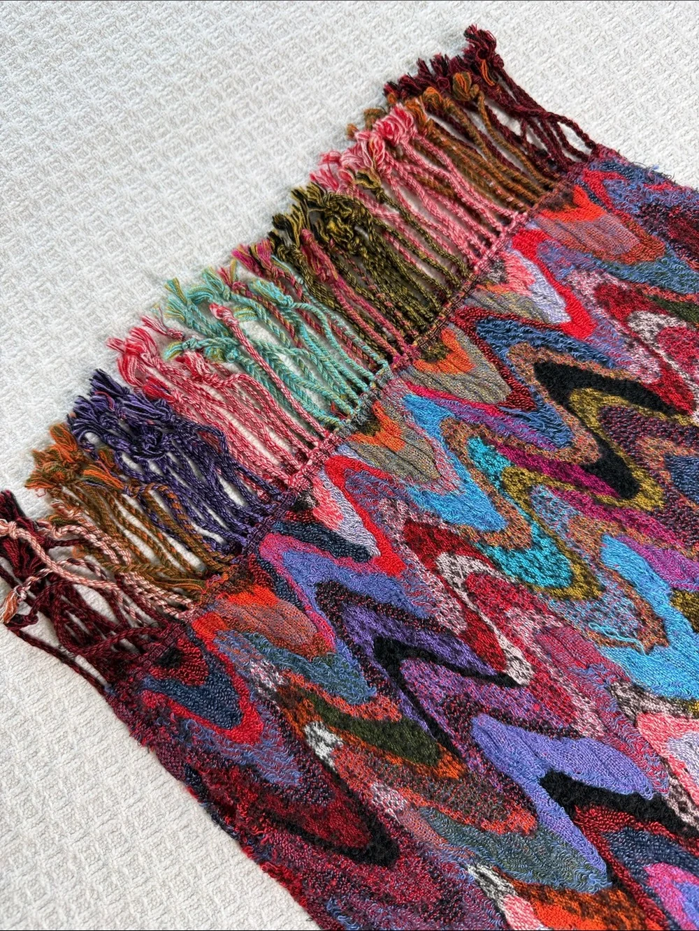 taleen woven colorful abstract print scarf with fringe made in India